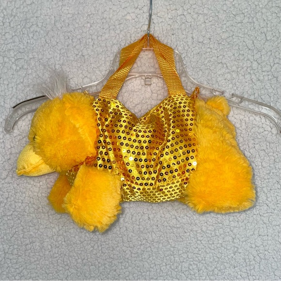 Like-new plush duck tote/backpack, yellow with gold sequins & waterproof pouch - Picture 2 of 6